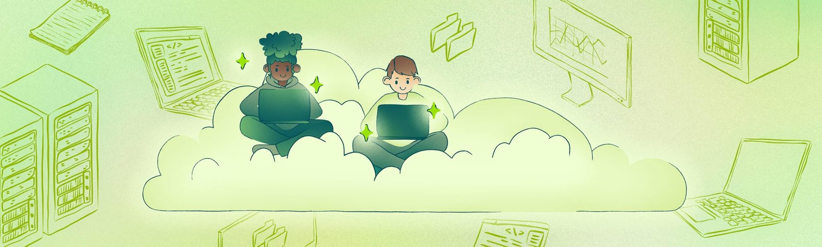 Illustration mit Menschen an Laptops und Symbolen für IT-Berufe
