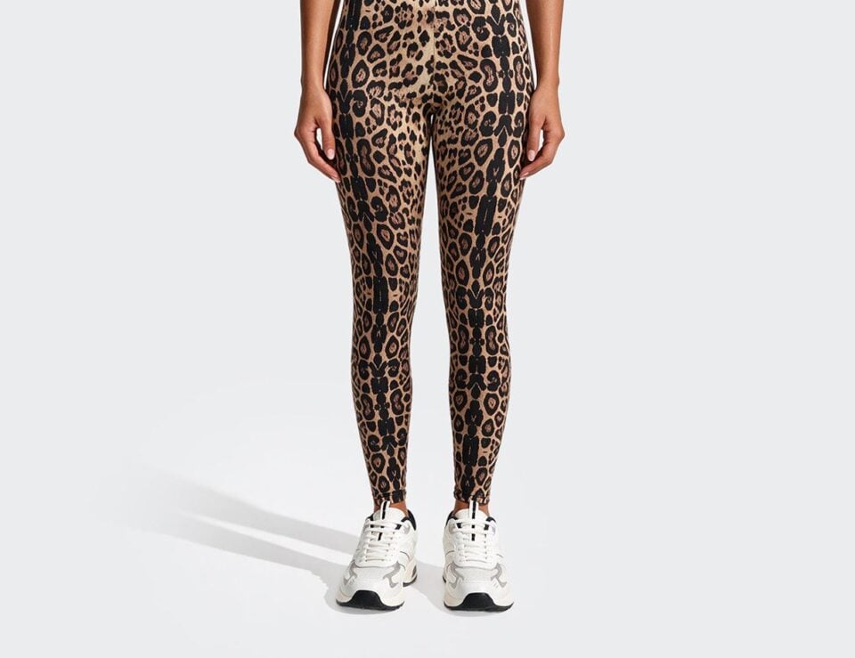Model wearing leopard-print leggings in a F**K fashion editorial