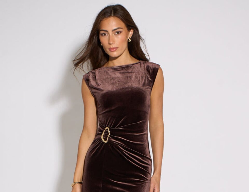 Brown velour hardware midi dress by Gini London