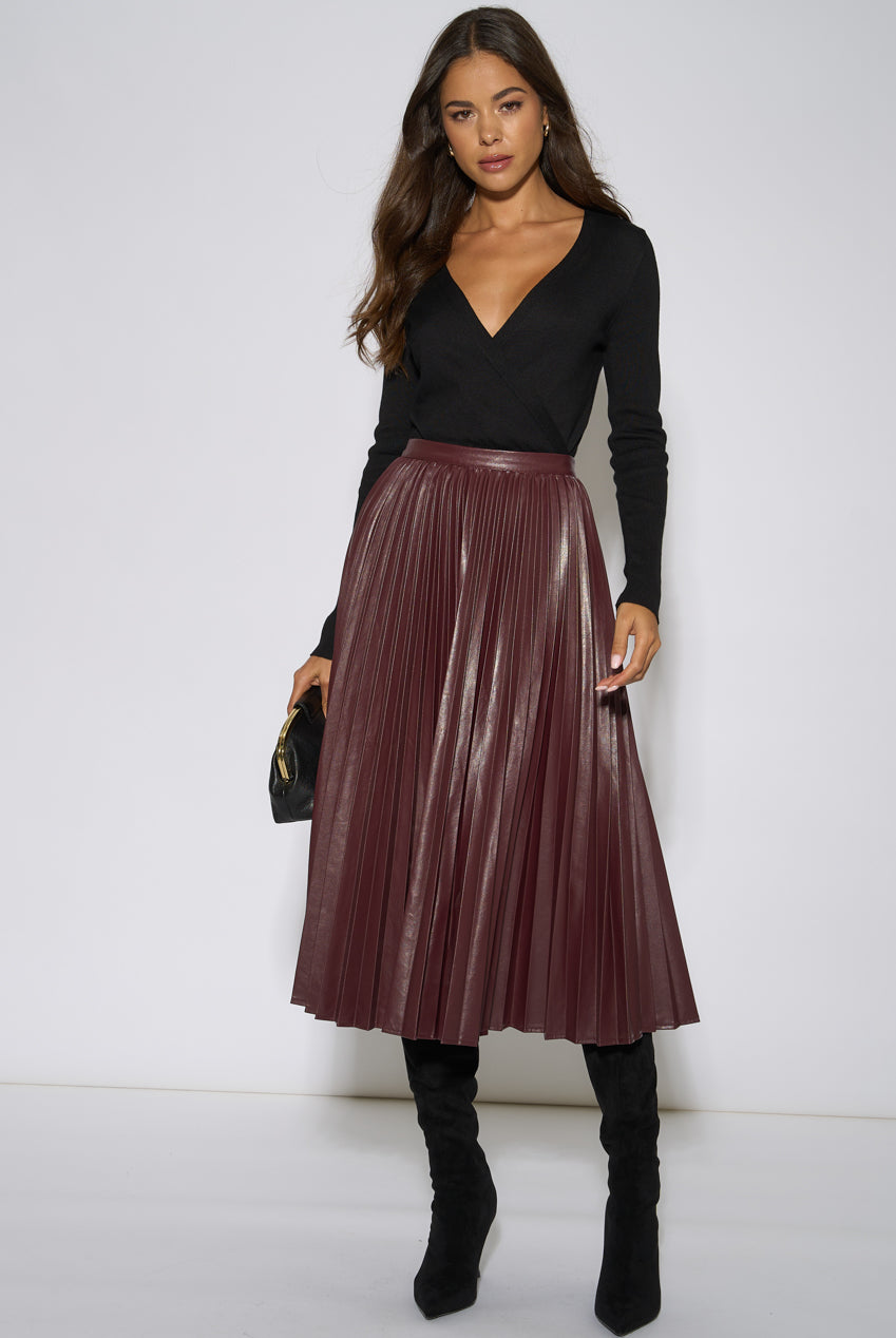 Burgundy pleated faux leather midi skirt by Gini London