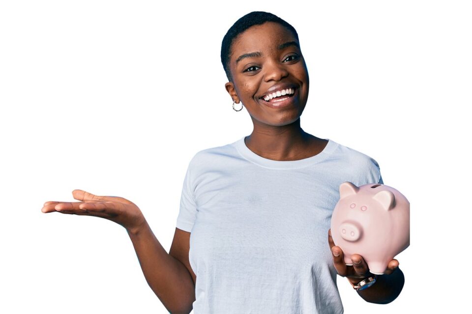 Woman holding a piggy bank in a bright lifestyle scene