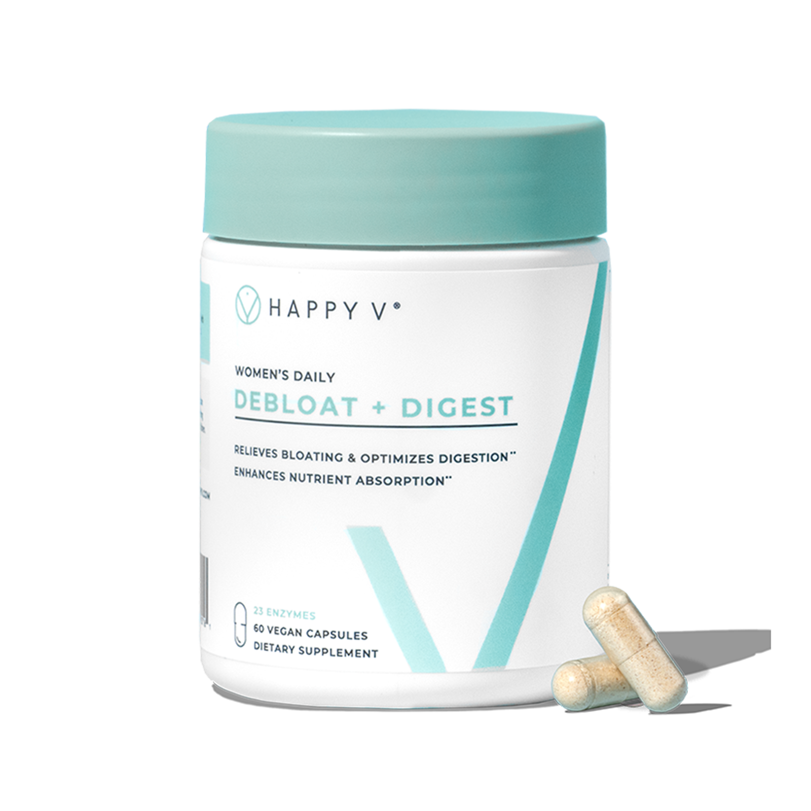 Happy V Debloat + Digest supplement bottle