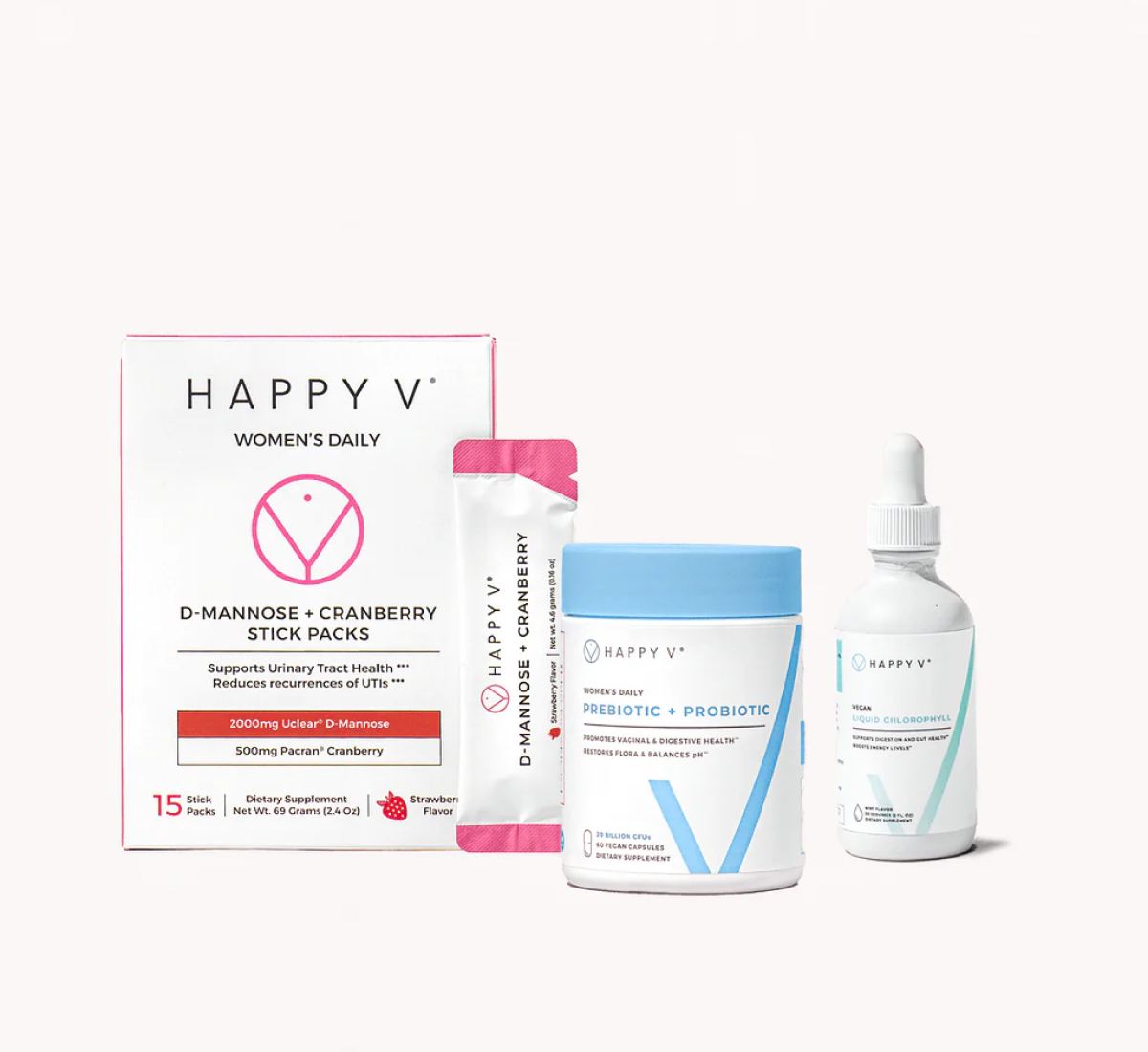 Happy V Daily Detox Kit bundle photographed on a gray background