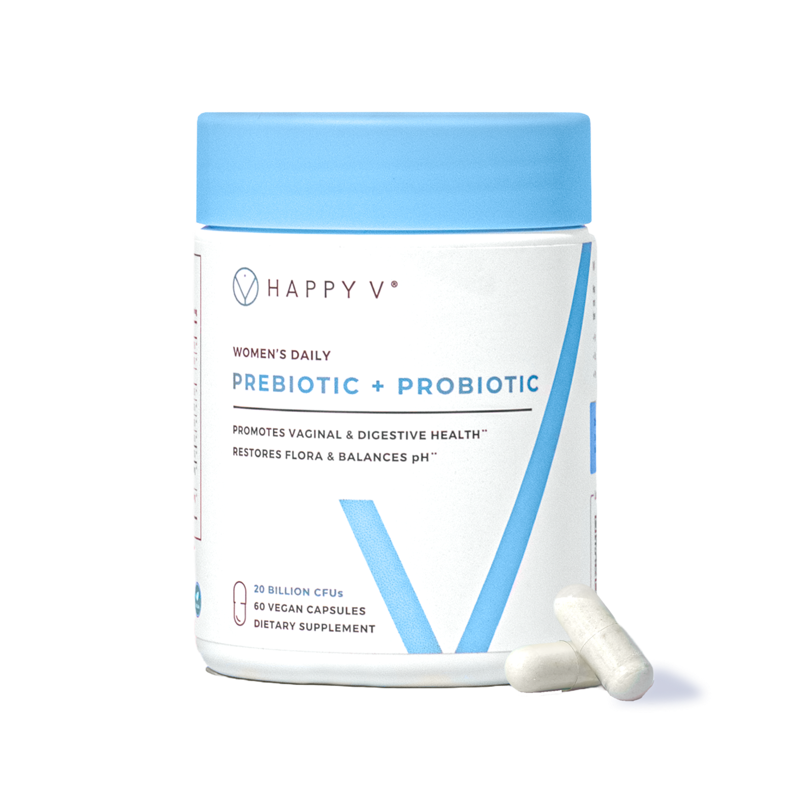 Happy V Prebiotic + Probiotic bottle with capsules