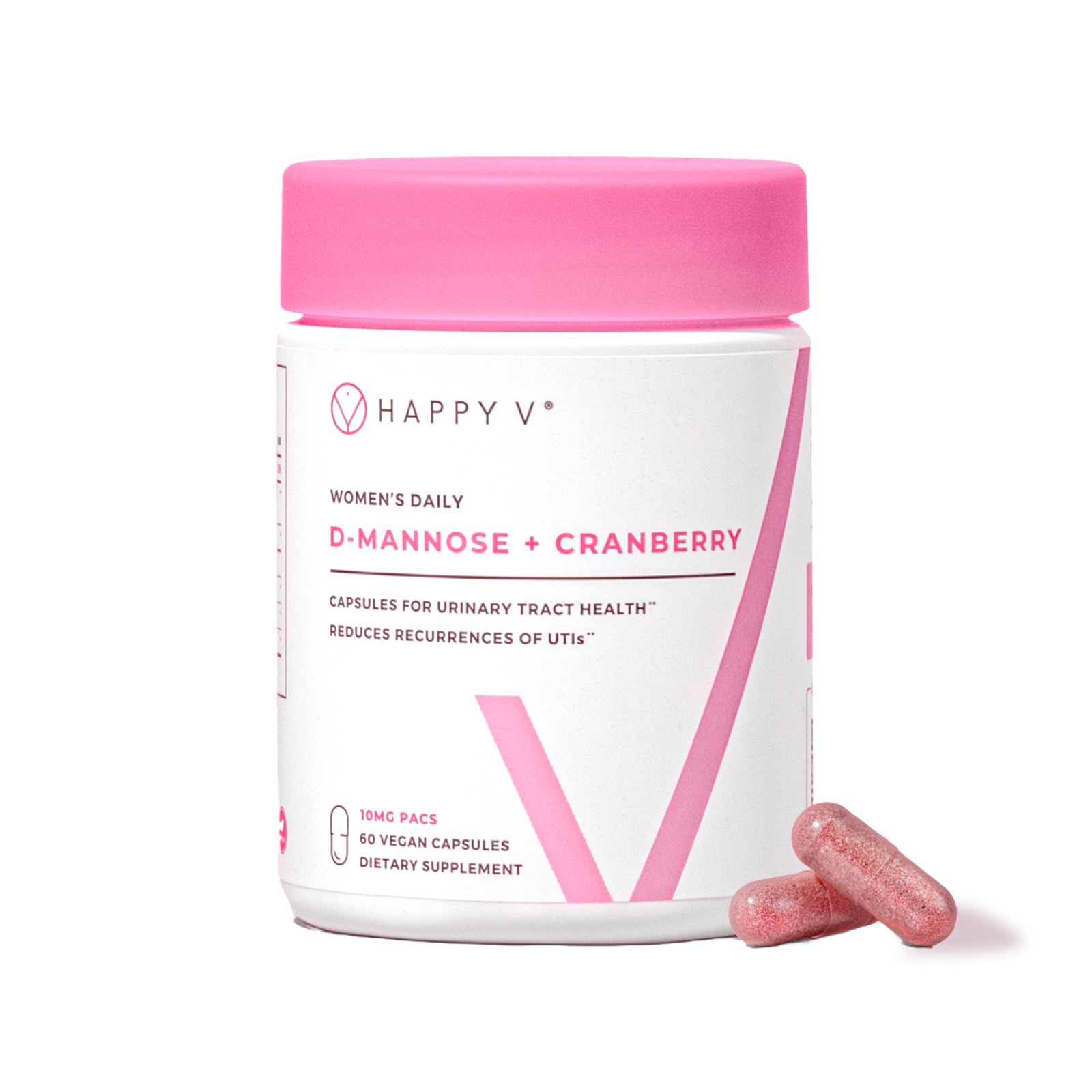 Happy V D-Mannose and Cranberry supplement bottle with capsules