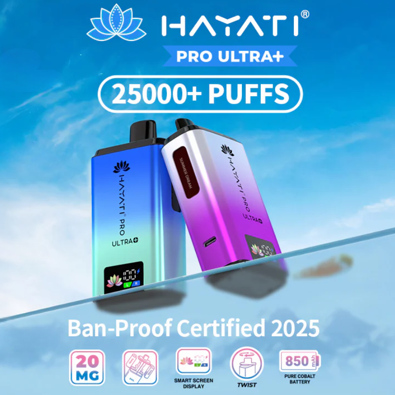 Hayati Pro Ultra Plus vape devices showing colourful finishes