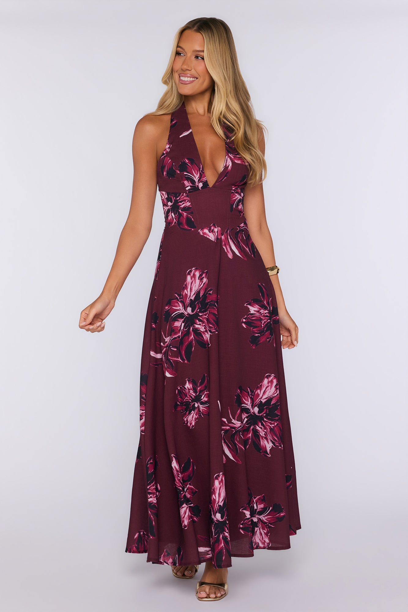 Hello Molly The Night Shift wine halter maxi dress