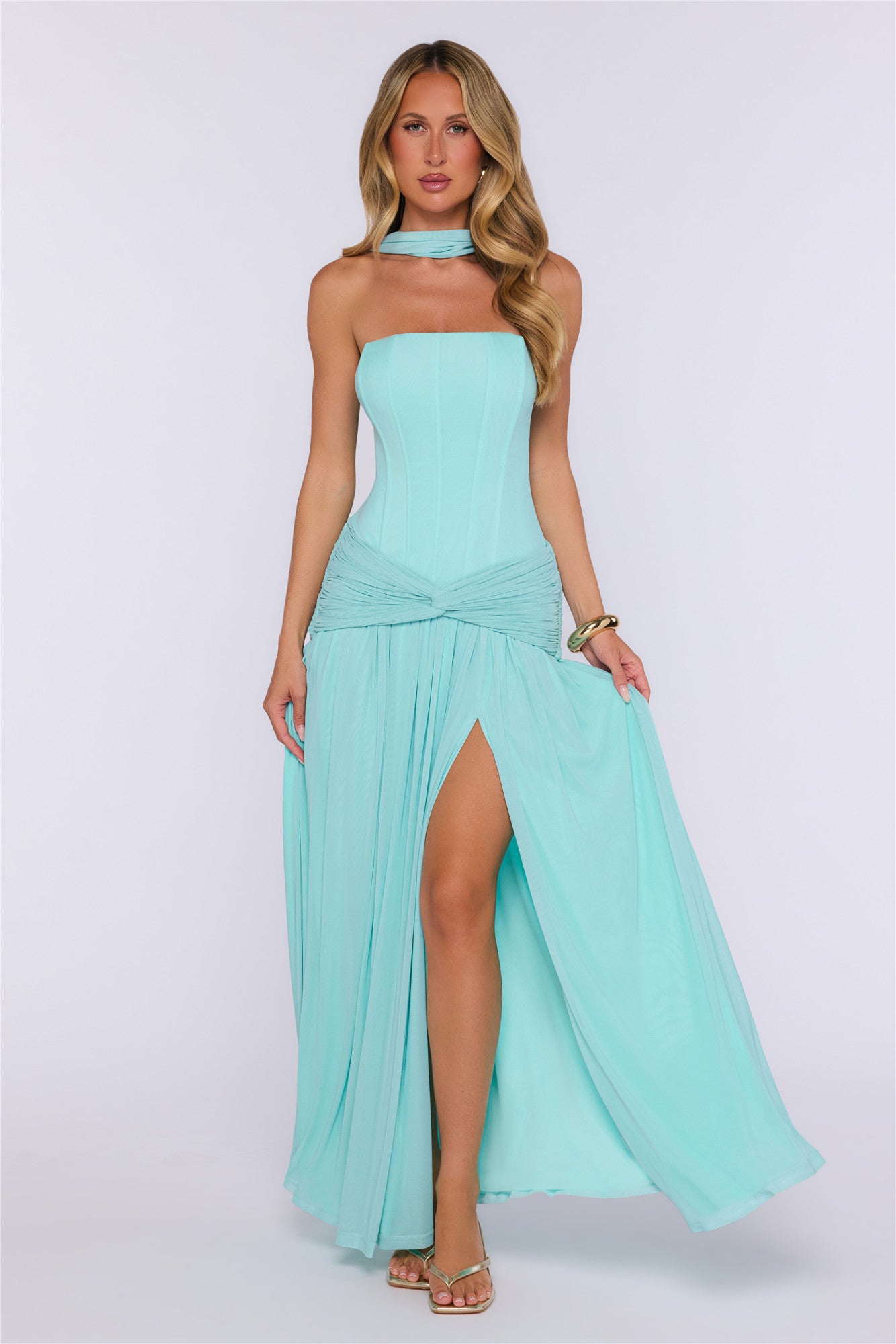 Hello Molly Pretty Feeling aqua strapless mesh maxi dress