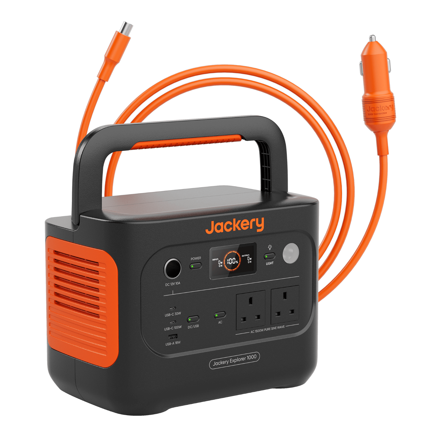 Jackery Explorer 1000 v2 with a car charging cable