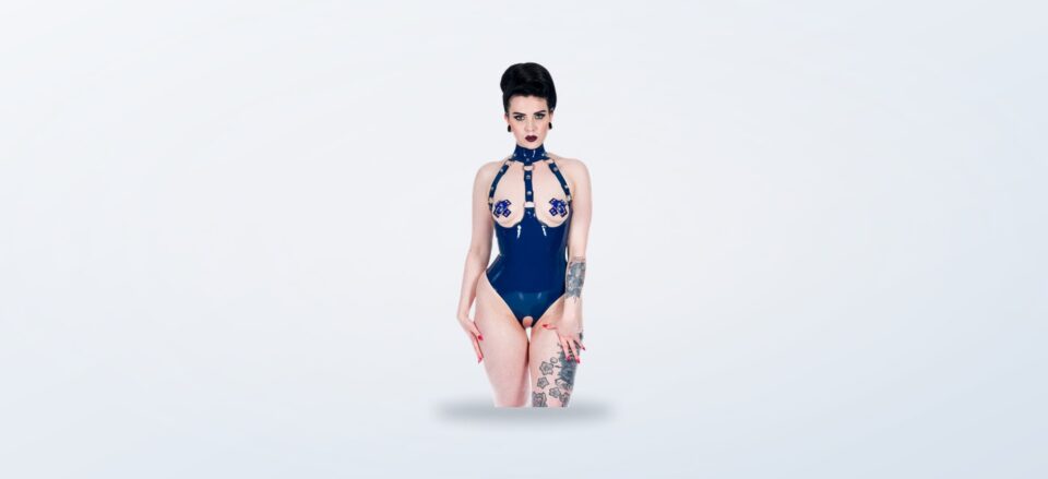 Libidex blue latex harness bodysuit product photograph