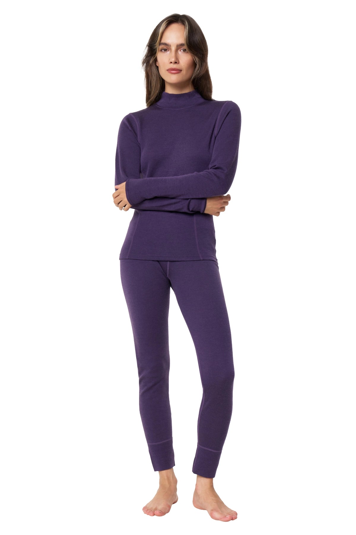 Merino Tech women's dark purple turtleneck thermal set