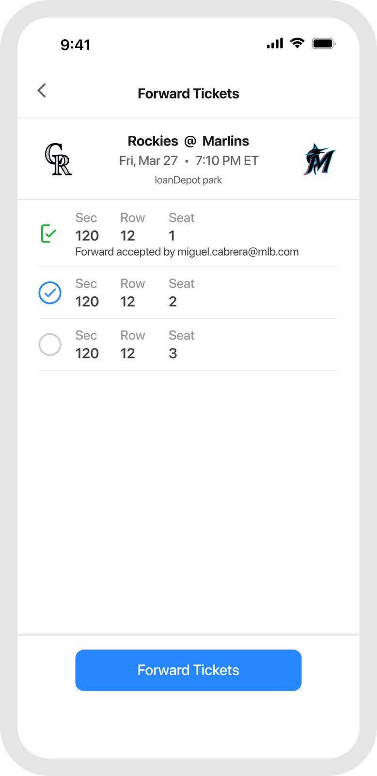 Forward Tickets seat selection screen in the MLB Ballpark app