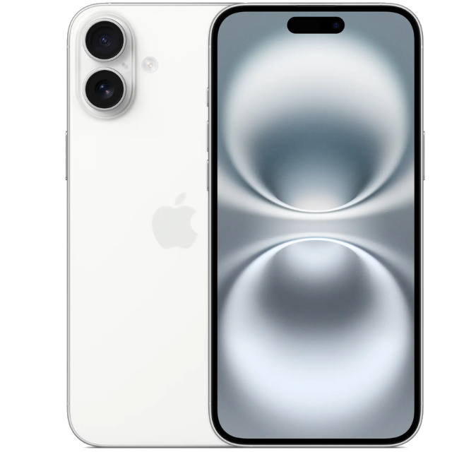 Apple iPhone 16 Plus in white shown from front and back