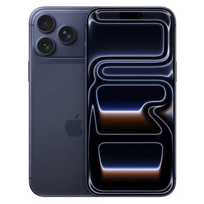 Apple iPhone 17 Pro Max in Deep Blue shown from front and back