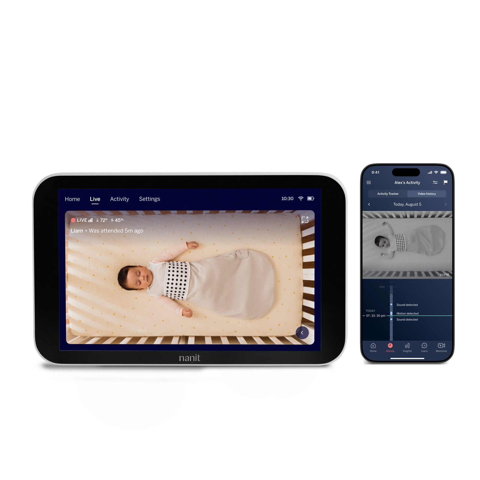 Nanit Home 8 inch Display showing the monitoring app