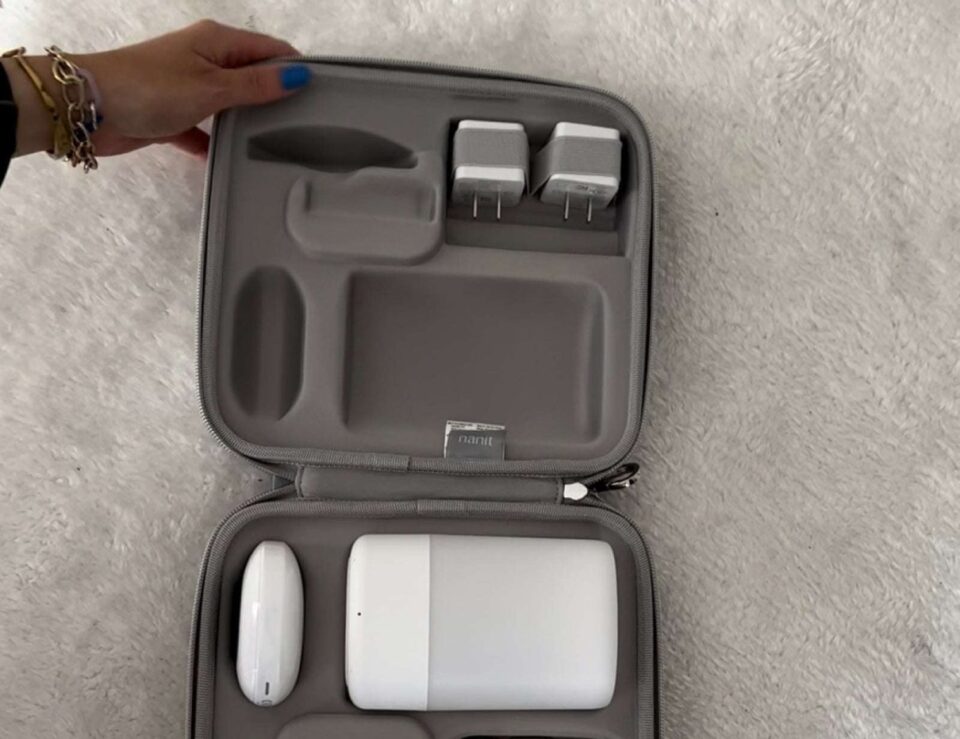Nanit Traveling Light Case shown in a real-life travel setting