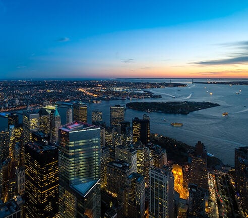 Lower Manhattan sunset aerial