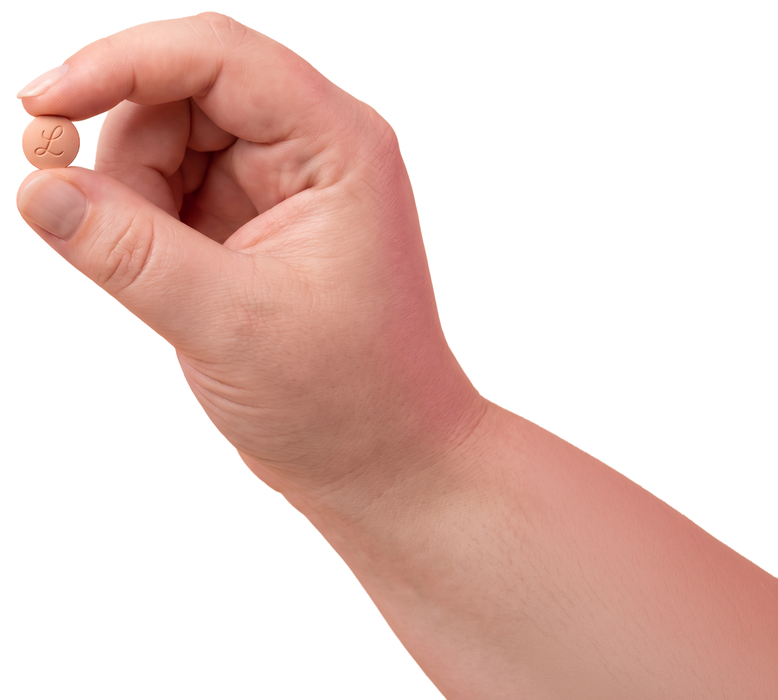 A hand holding a single round Foundayo tablet