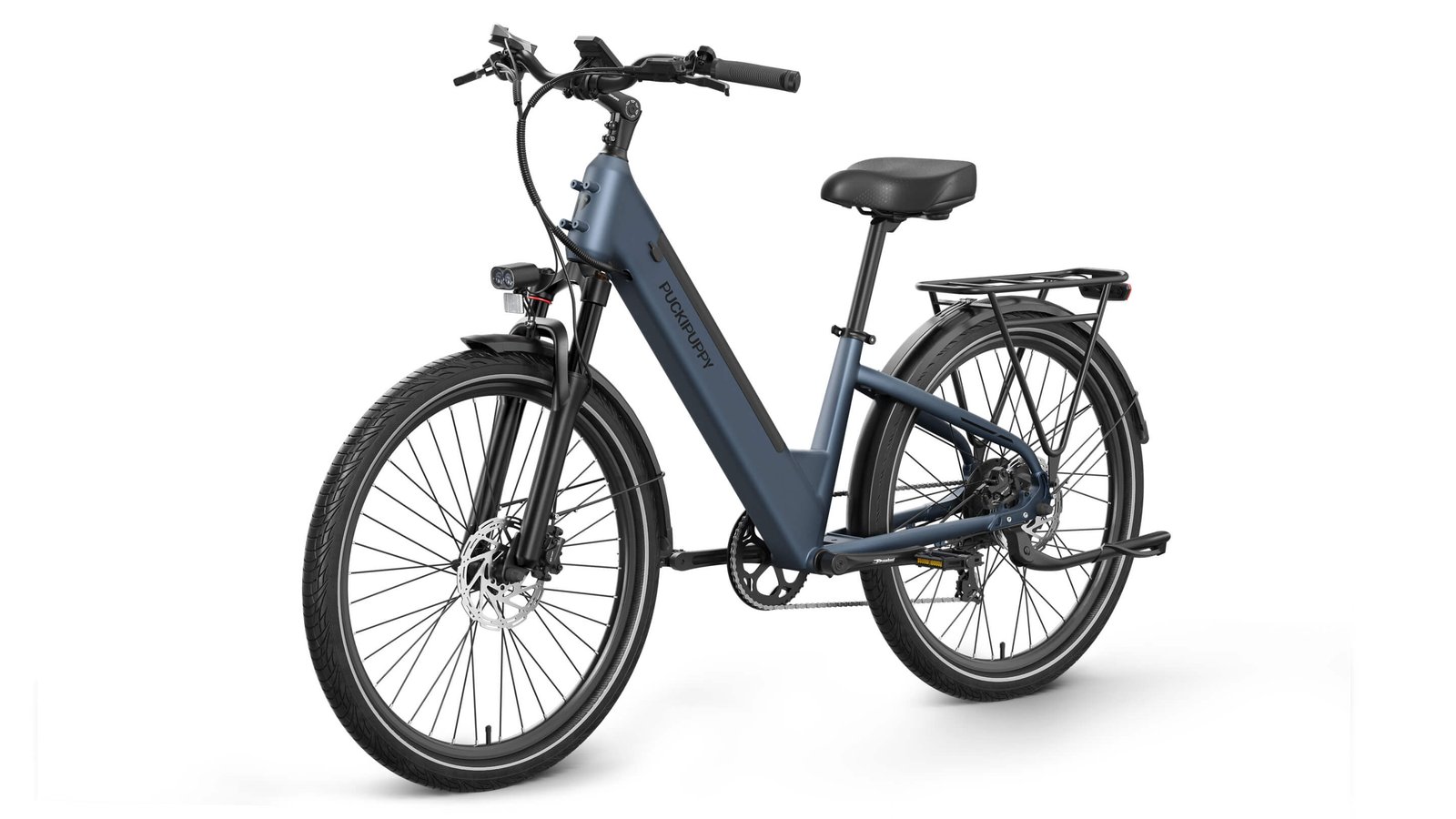 Cyclist riding a Puckipuppy electric bike on an outdoor trail