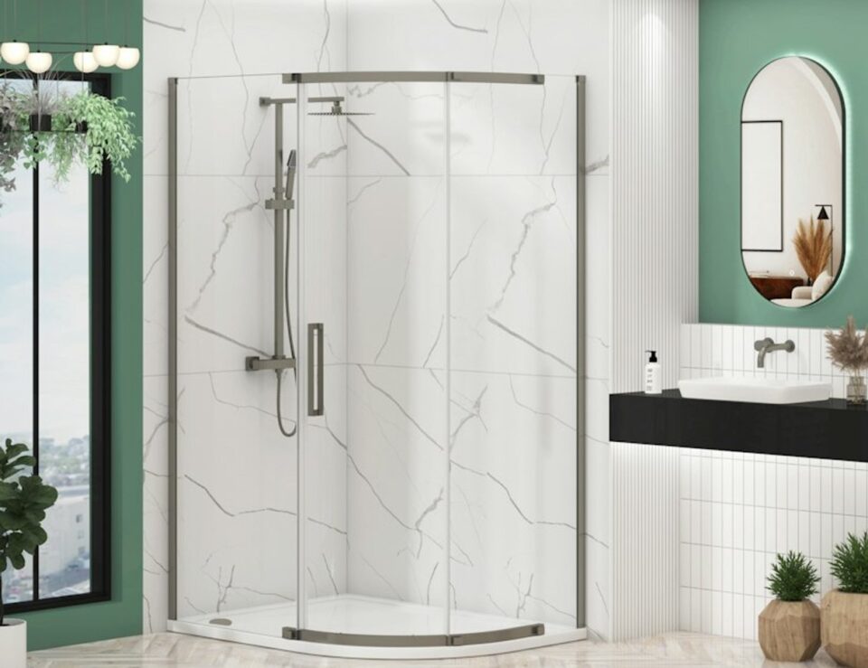 Chelsea gun metal grey offset shower enclosure shown in a bathroom scene
