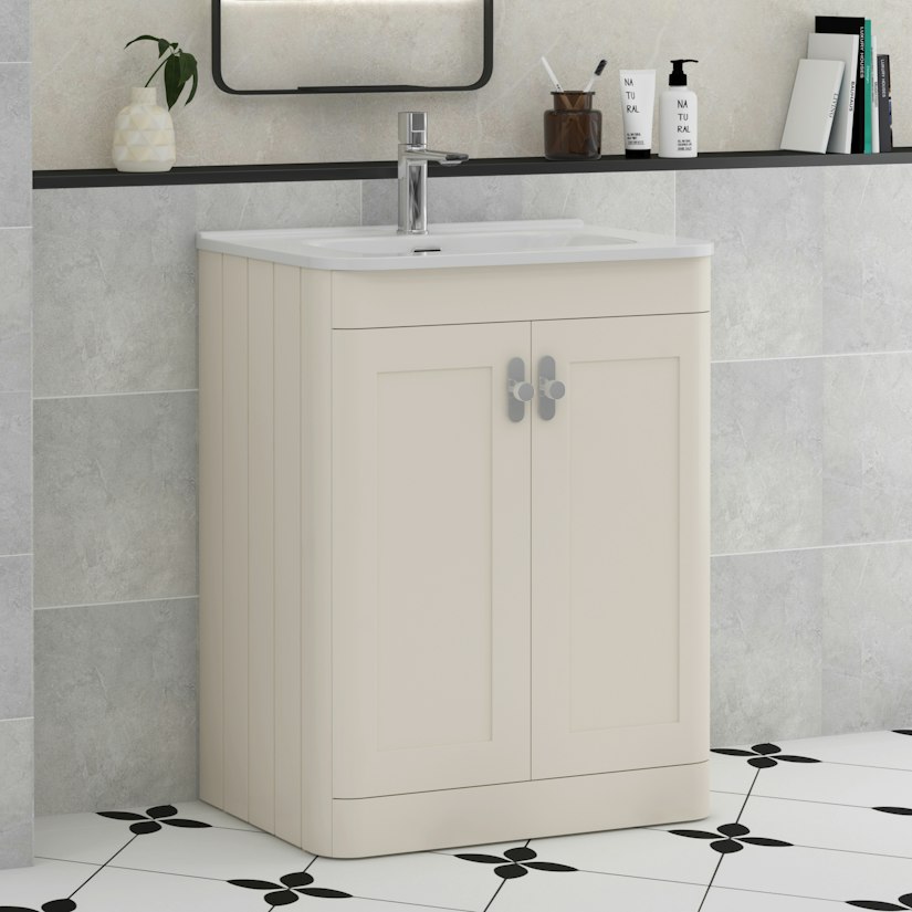 Henley two door floor standing vanity unit in beige with basin