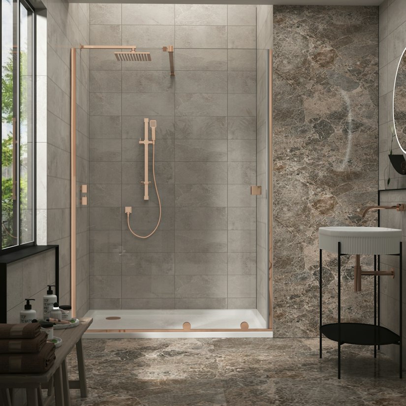 Luton brushed bronze recessed sliding wet room screen in a bathroom scene