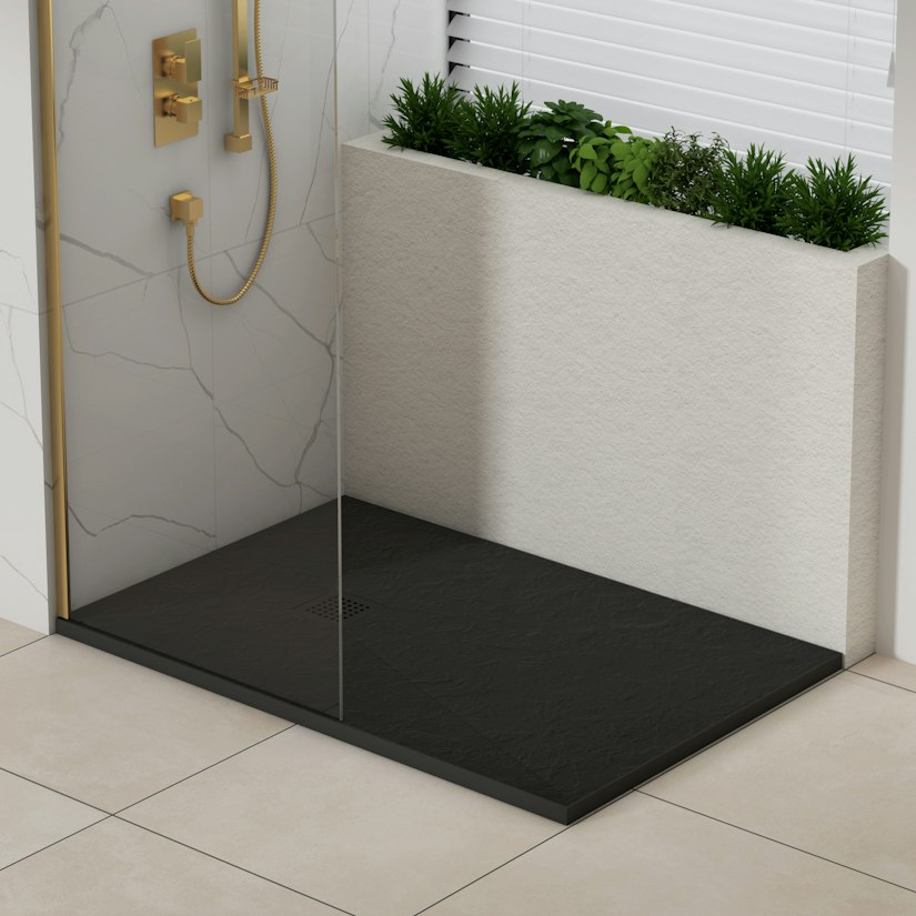 Luxor black slate effect stone shower tray shown in a bathroom