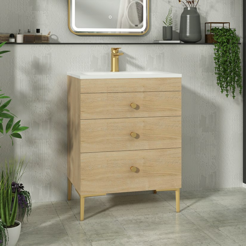 Verona three drawer floor standing vanity unit in an oak finish