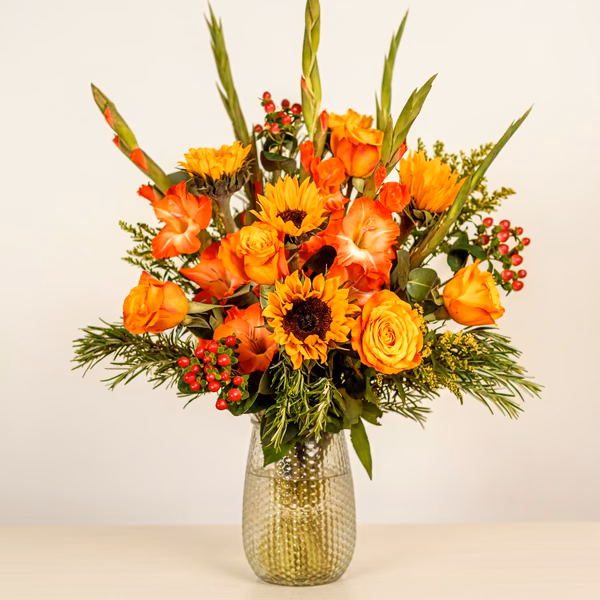 Golden Abundance bouquet with sunflowers and warm orange flowers