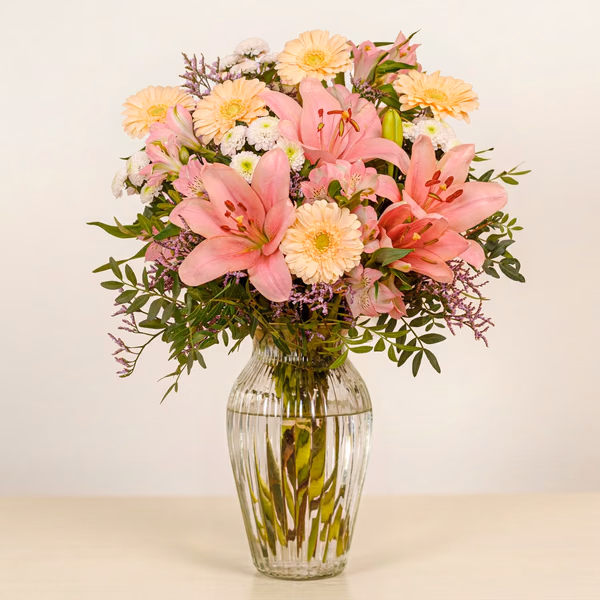 Joyful Wishes hand-tied bouquet with pale flowers and greenery