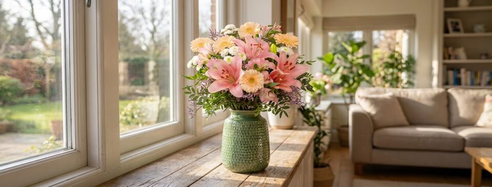 Serenata Flowers bouquet in a vase on a table in a home setting