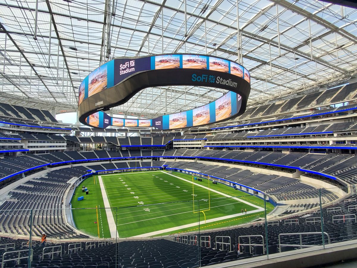 SoFi Stadium's center-hung Infinity Screen above the field