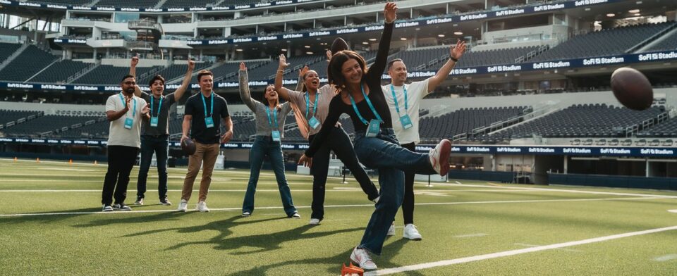 Visitors taking part in a SoFi Stadium field tour