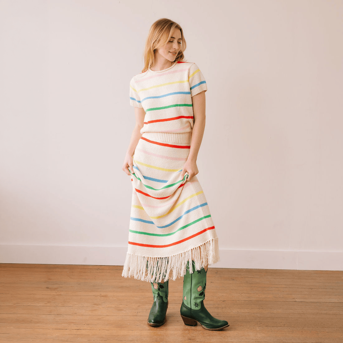 Sunshine Tienda Colorful Leighton Set with rainbow stripes and fringe skirt