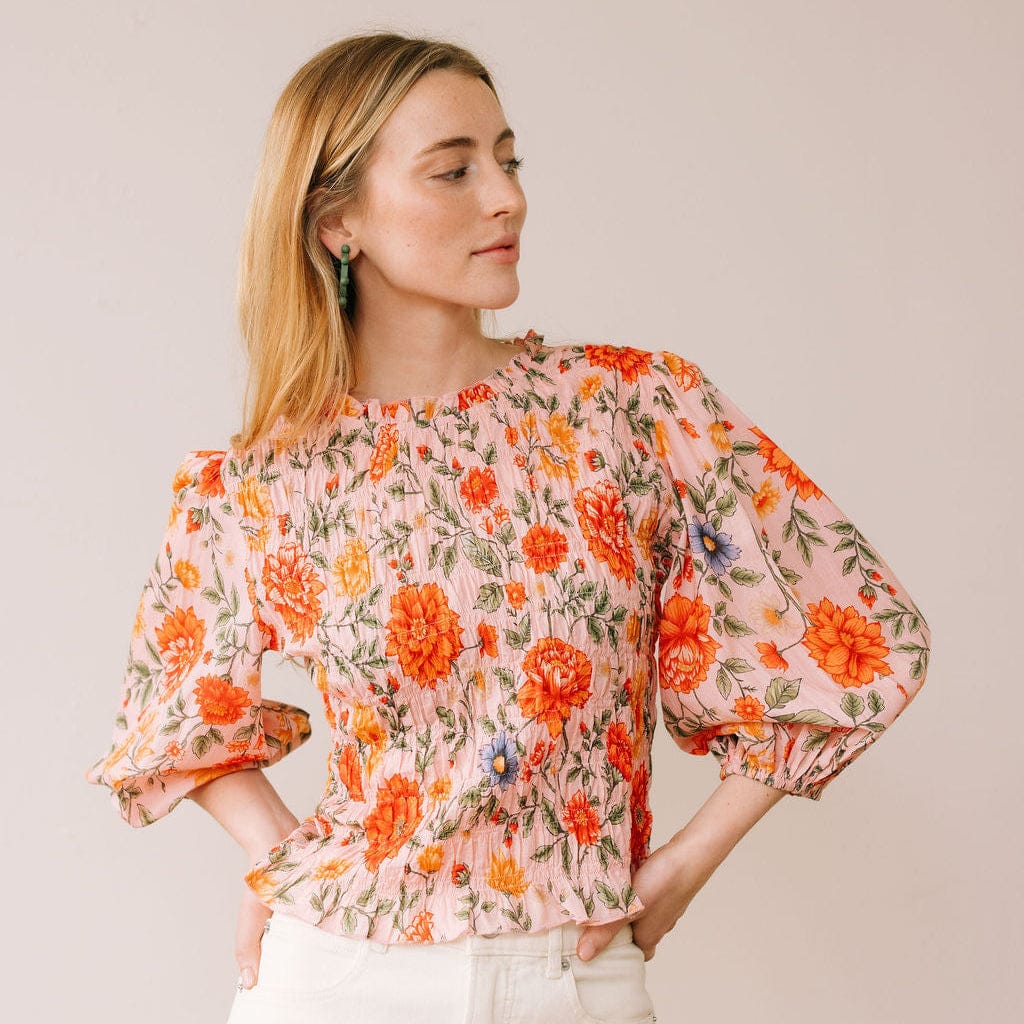 Sunshine Tienda Harvest Blooms Hali Top with ruffle neckline and puff sleeves