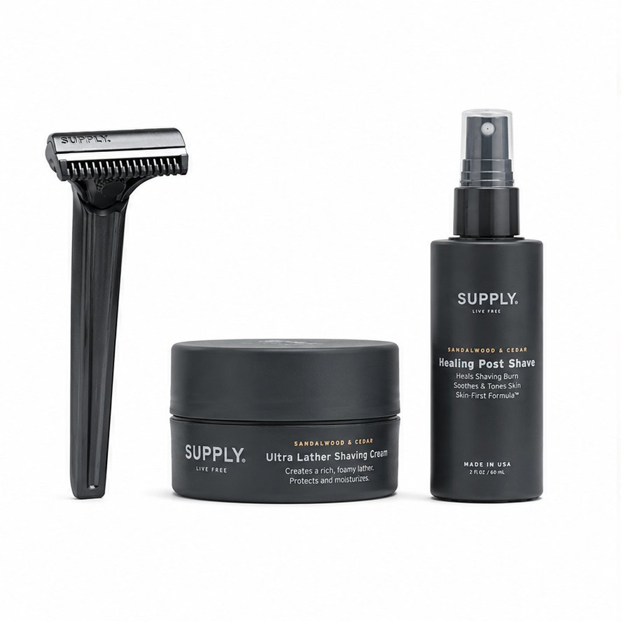 Supply razor, shaving cream and post-shave care