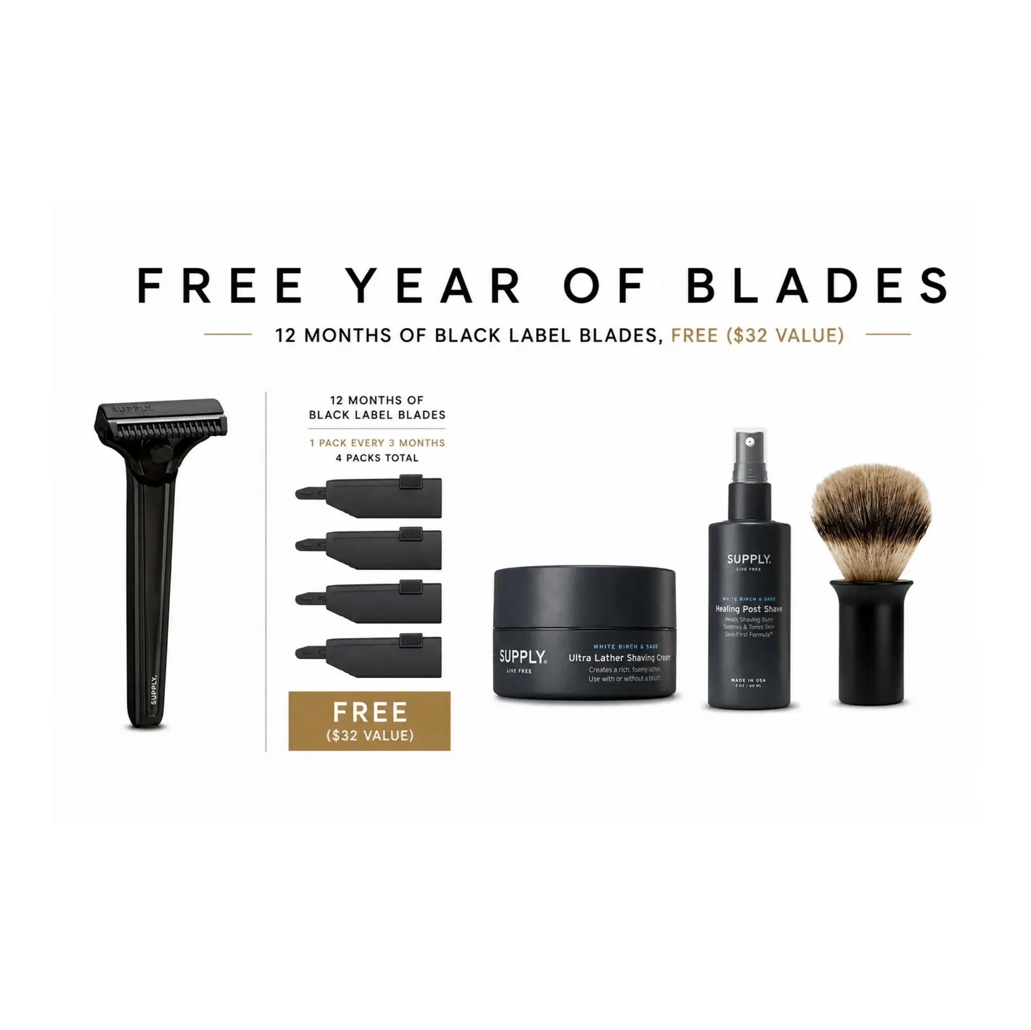 Supply Single Edge SE starter set with razor, brush, cream, spray, and blades