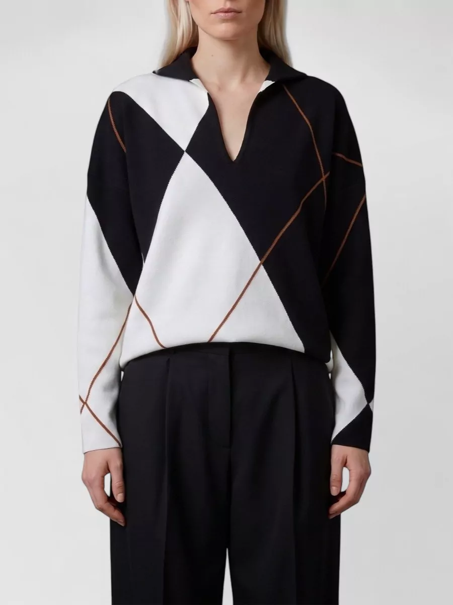 Max Mara virgin wool ribbed high neck argyle sweater