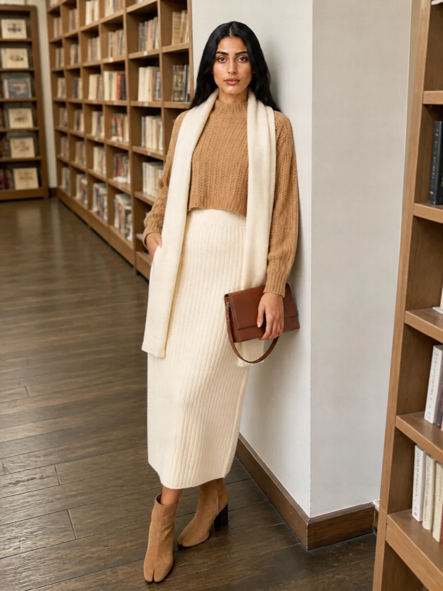 Woman styling a camel Max Mara sweater with a midi skirt