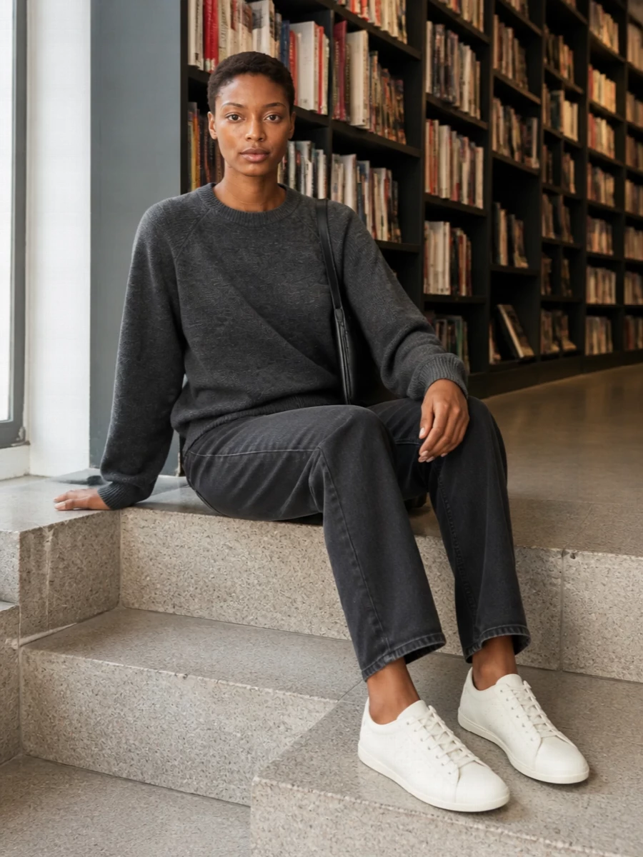 Woman wearing a relaxed sweater and jeans with sneakers