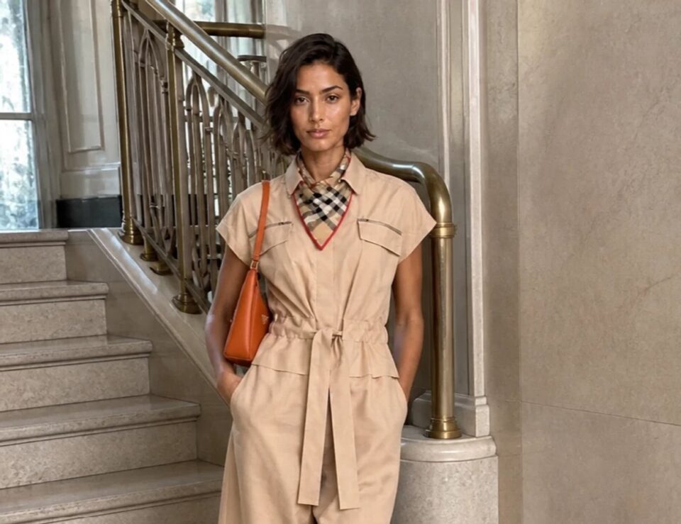 Woman wearing a beige belted romper