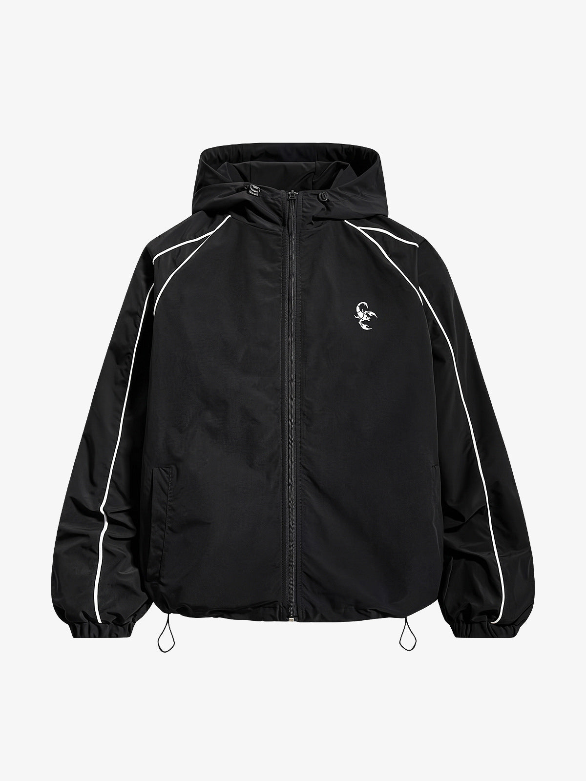 Black hooded windbreaker jacket
