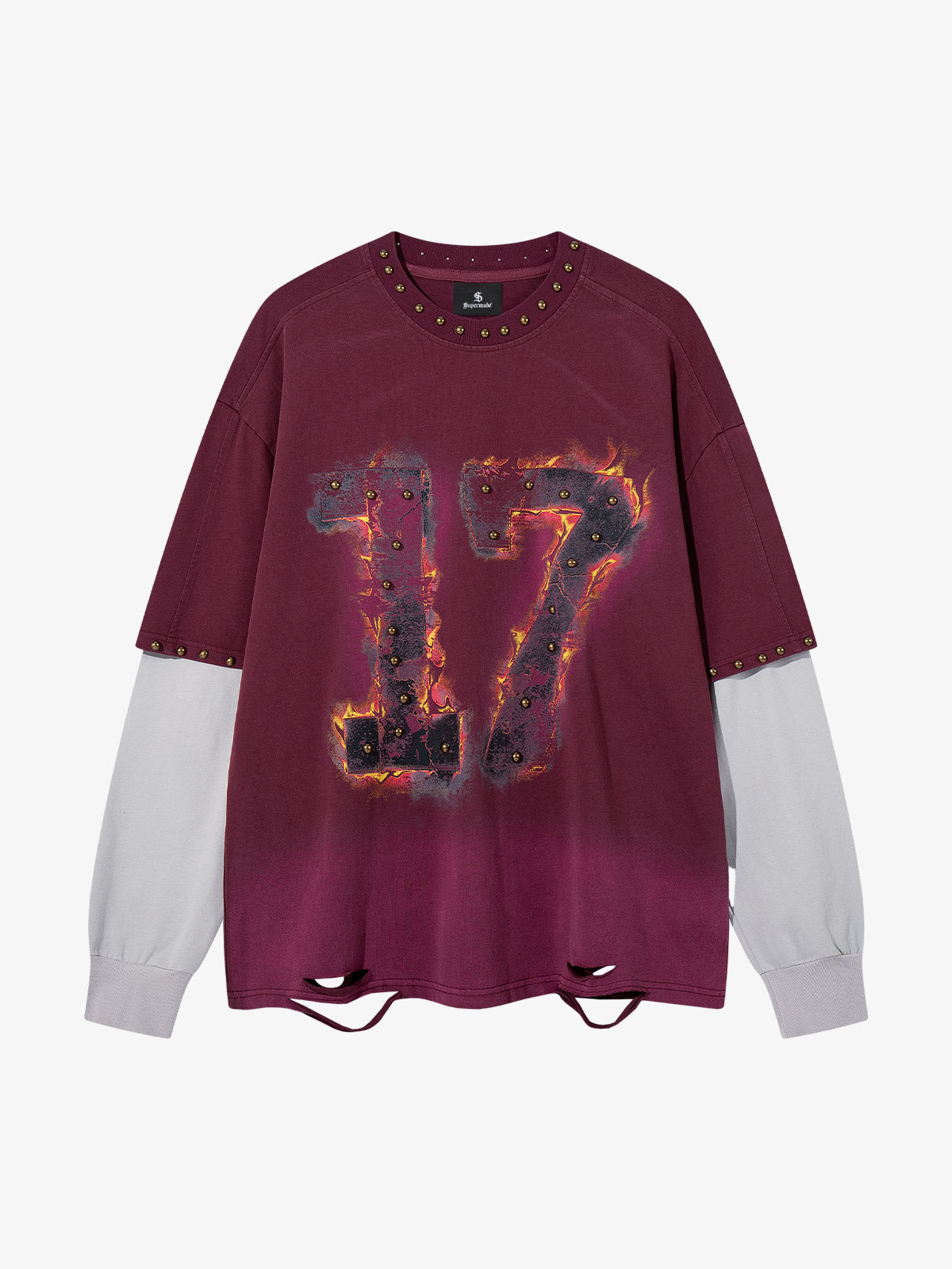 Flame graphic studded distressed patchwork long sleeve tee