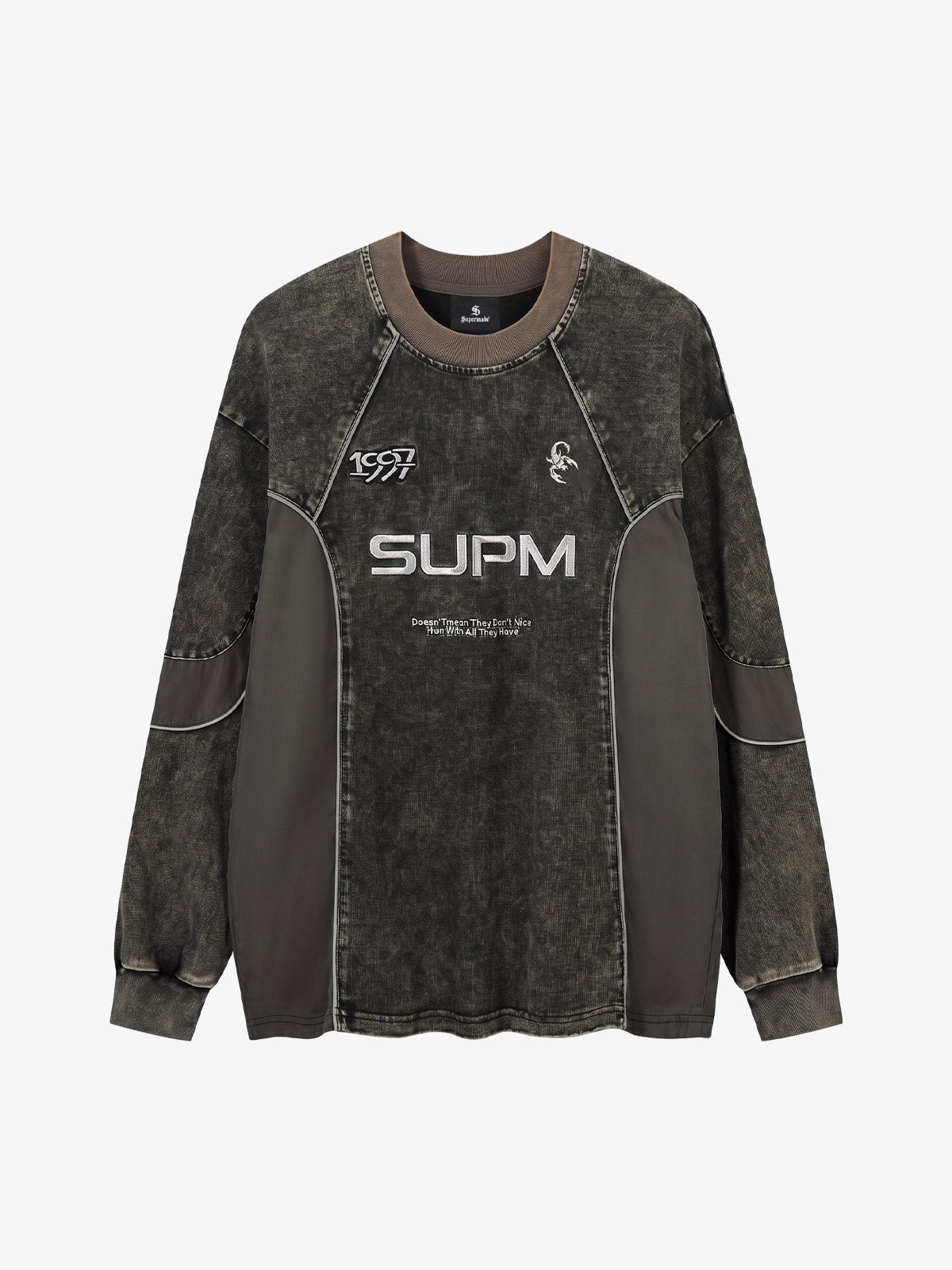 Embroidered patchwork distressed washed long sleeve tee