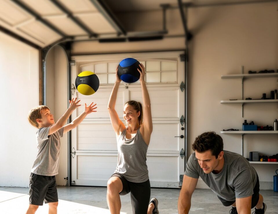 Family using a medicine wall ball for a group workout