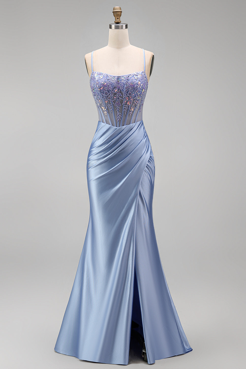 Dusty blue sheer corset prom dress with floral appliques