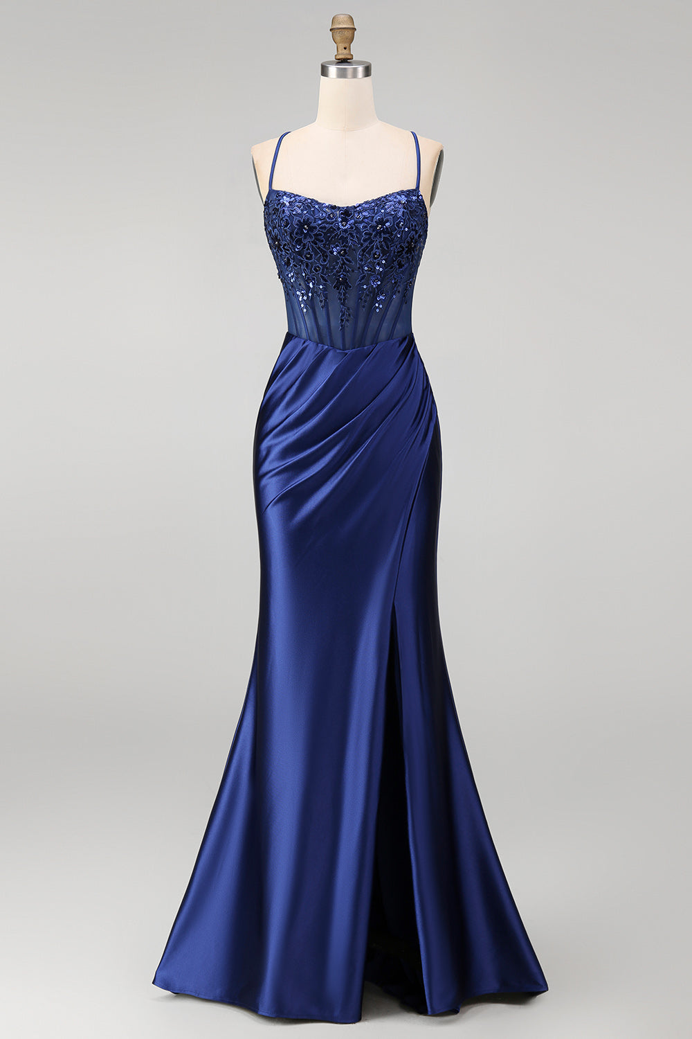 Navy satin prom dress with floral embroidery and corset bodice
