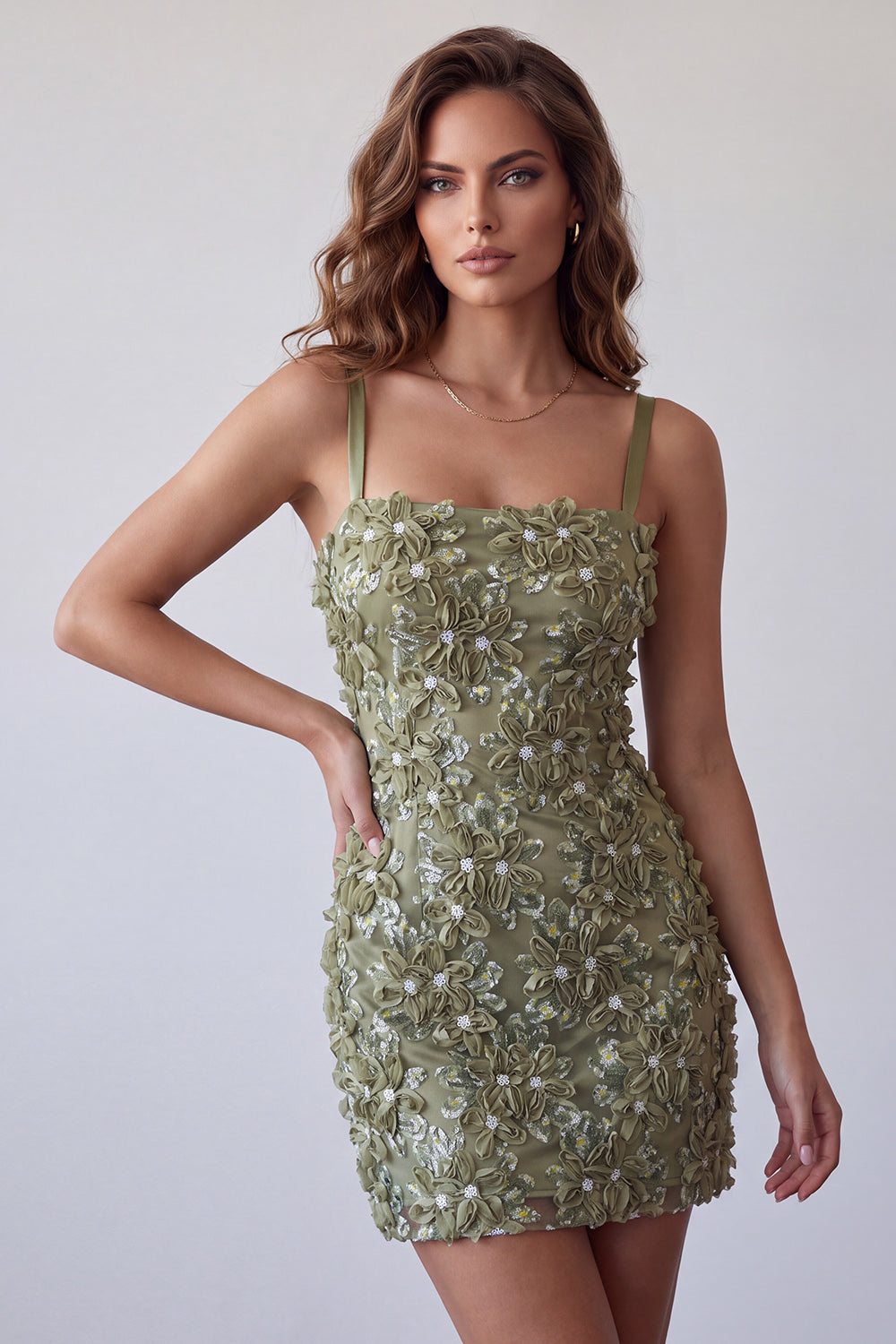 Olive sequin cocktail dress with floral appliques and spaghetti straps