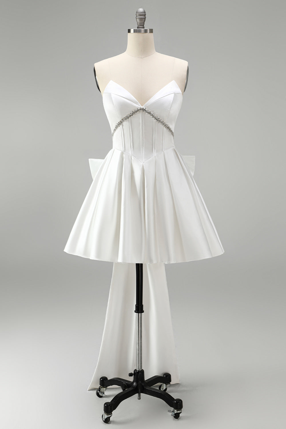 White satin rhinestone strapless homecoming dress with oversized back bow