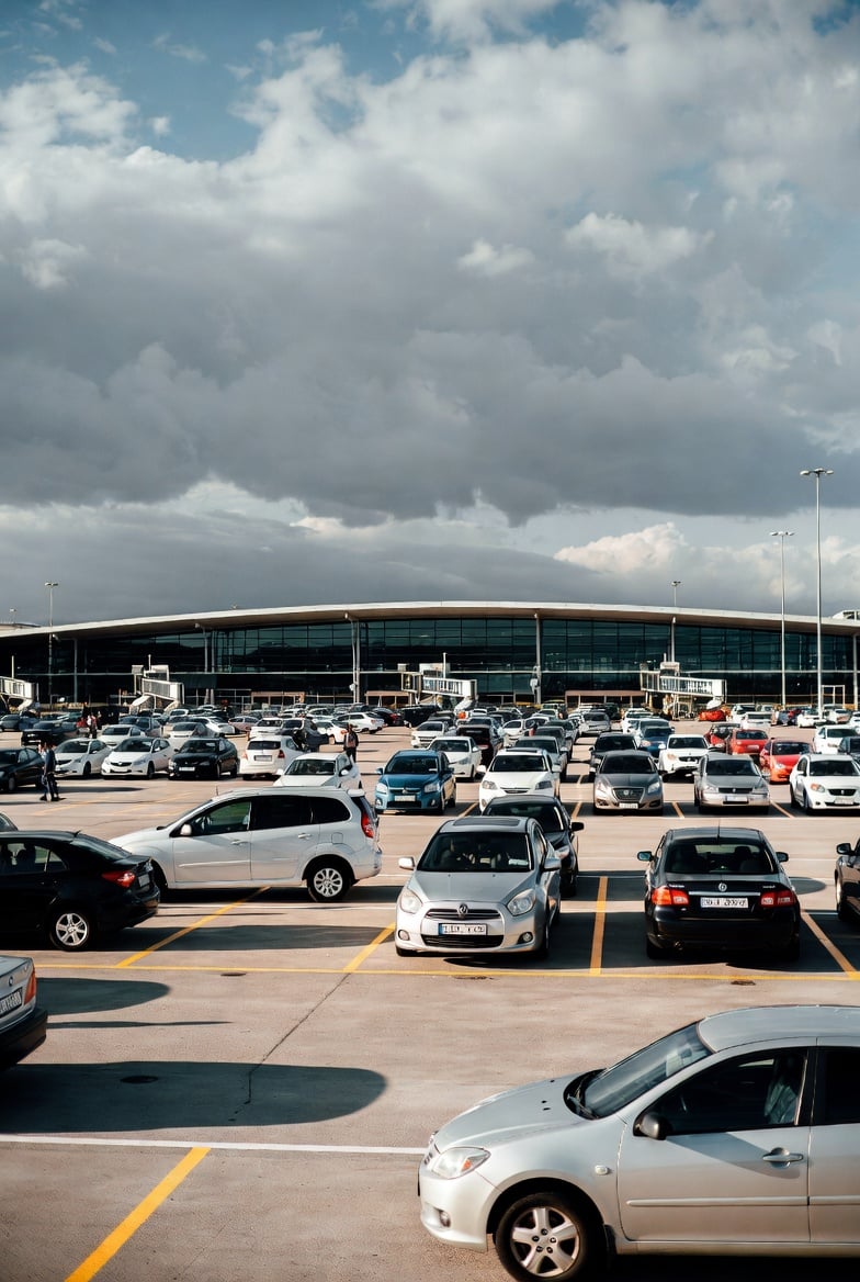 Airport parking area with vehicles